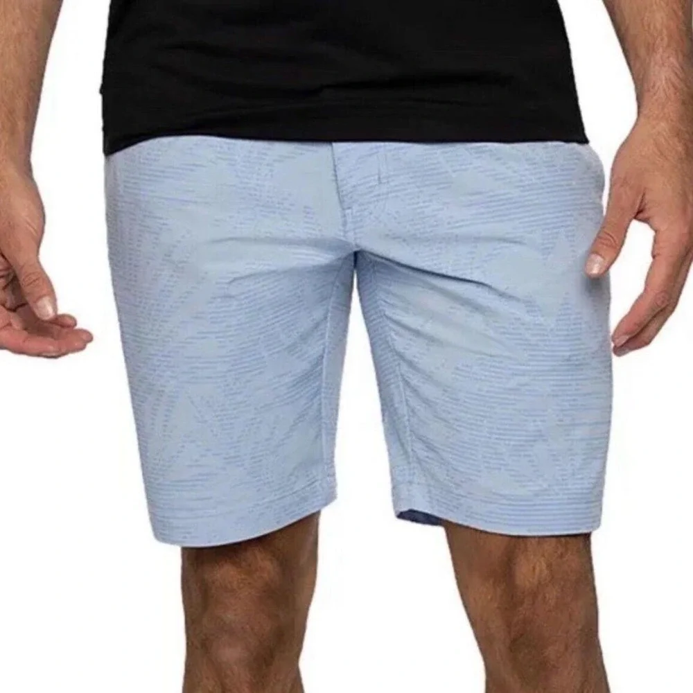 TravisMathew Mens Blue Palm Leaf Stripe Performance Golf Shorts Size 32 9 Inseam